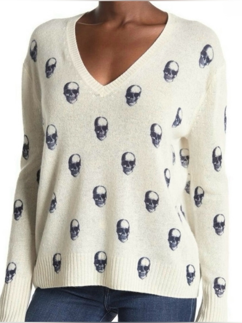 Skull Cashmere Skull Print V-Neck Sweater